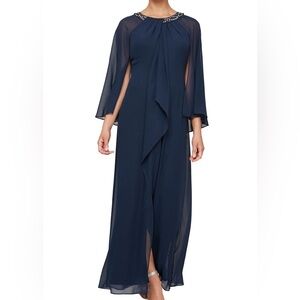 SLNY Navy Maxi Dress with Embellished Neckline